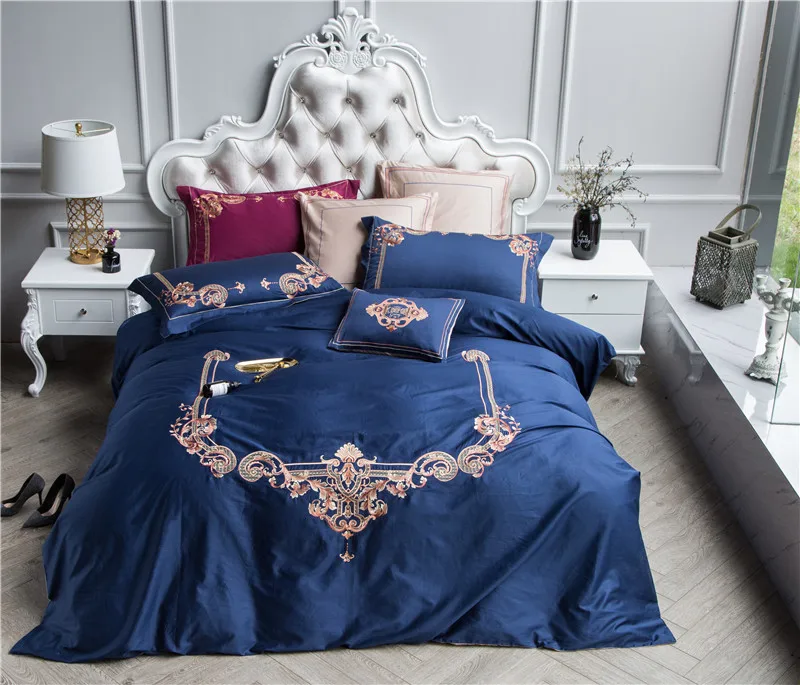 Luxury Blue 60s Cotton Western Style Embroidery Bedding Set Duvet