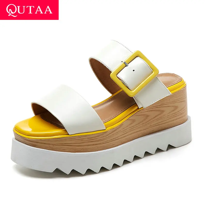 

QUTAA 2019 Women Sandals New Summer Genuine Leather Platform Open-toed Buckle Slingback Thick Bottom Ladies Shoes Size 34-39