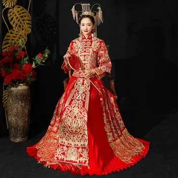 

Oriental Female Embroidery Qipao Vintage Asian Bride Pleated Dress Rhinestone Ancient Royal Wedding Party Cheongsam Vestidos