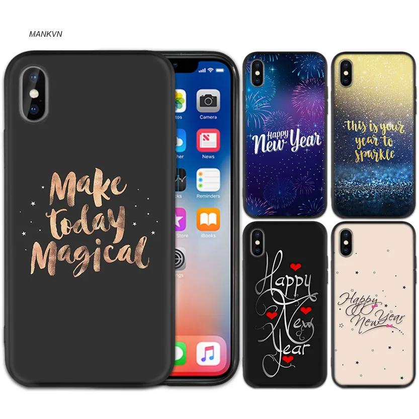 

Black Rubber Soft Silicone Case Bag Cover for iPhone XS XR X 7 8 6 6S 5C 5E 5S 5 Plus Max Shell Fundas Couqe Happy new year