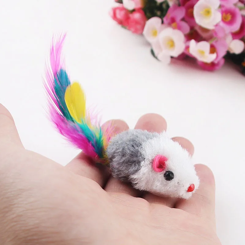 10Pcs/lot Soft Fleece False Mouse Cat Toys Colorful Feather Funny Playing Toys For Cats Kitten