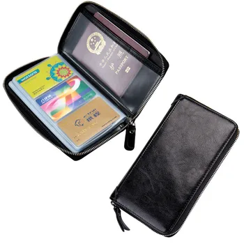 

Fashion Multifunctional Passport Women Long RFID Bag Multi-card Real Genuine Leather Zipper Around Holder for Men Solid Black