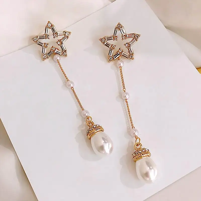 

Korean Rhinestone Star Long Drop Earrings For Women 2019 Handmade Elegant Wedding Party Jewelry Simple Pearl Earrings