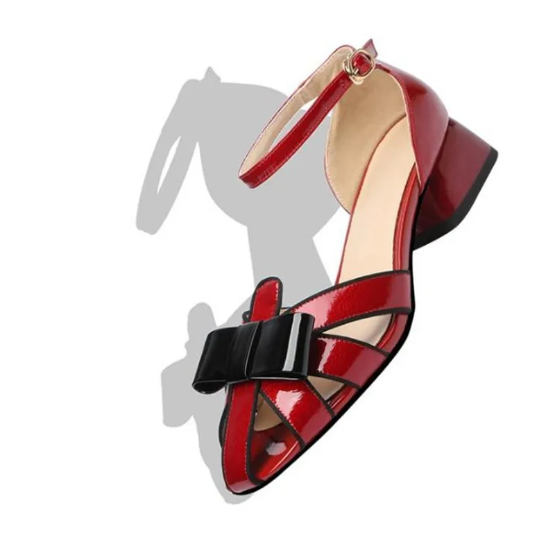 

2019 summer new candy color bow mid heel sandals women's shoes One word buckle hollow Mary Jane shoes female Red wedding shoes