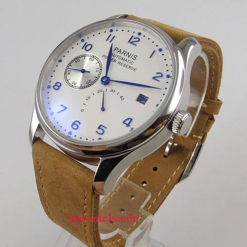 

43mm parnis white dial brown strap power reserve ST2530 automatic mens watch