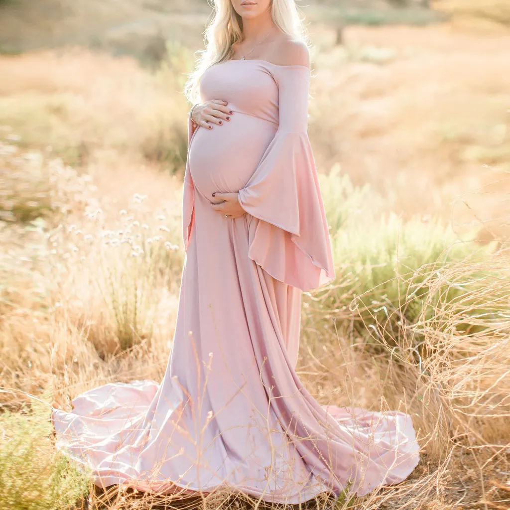 

Maternity Dress Photography Women Pregnancy Sexy Photography Pros Off Shoulders Maternity Solid Bell Sleeve Long Pregnancy Dress