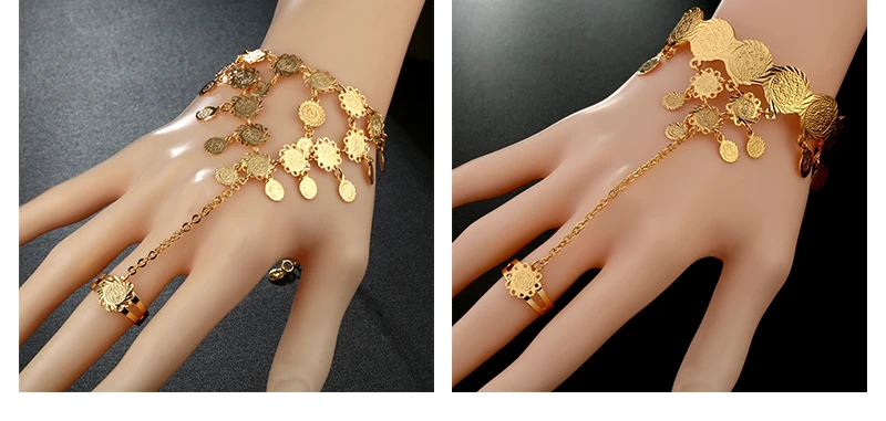 CWEEL Bracelets&Bangles Women Hands Jewellery Love Bracelet With Charms Ring Chain Vintage Arabic Metal Coin Gold Color Bangle (4)