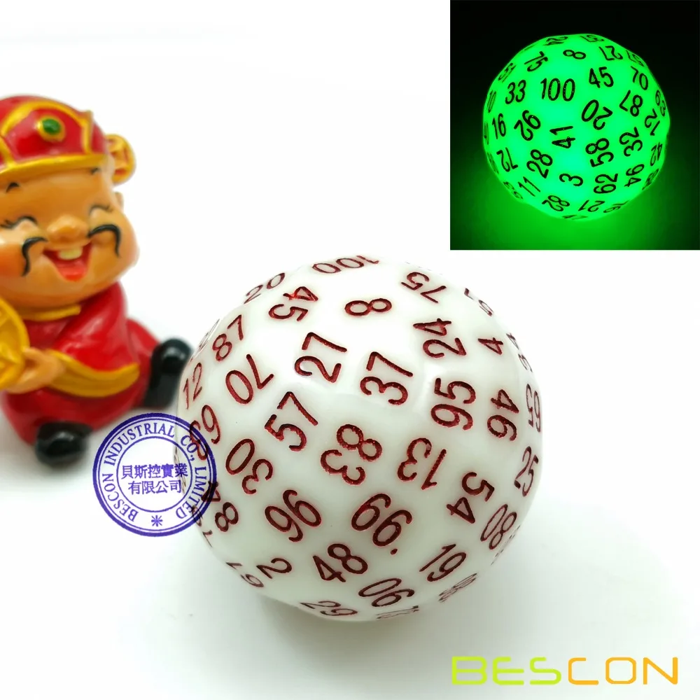 Bescon Super Jade Glow in Dark Polyhedral Dice 100 Sides, Luminous D100 die, 100 Sided Cube, Glowing D100 Game Dice 2