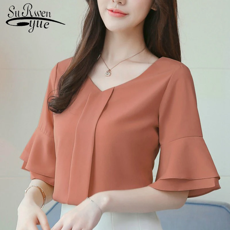 

Women Tops Blouses 2019 Summer Chiffon Blouse Short Flare Sleeve Ladies Shirts Casual women shirt Tops Lady Shirt D643 25