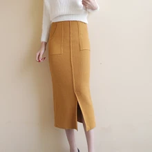 Новинка, модная Длинная женская прямая юбка до середины икры, эластичная резинка на талии, осенняя теплая зимняя тянущаяся Женская юбка с карманами