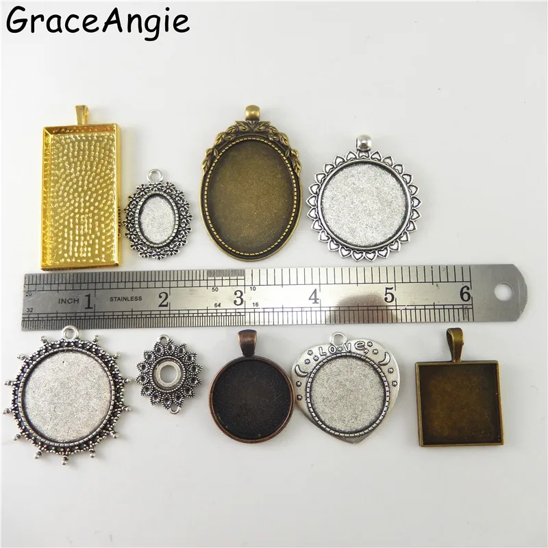 GraceAngie 15 наборов Смешанная подвеска «поднос» со стеклянными кабошонами Базовая рамка для кабошона со стеклянным куполом установочный лоток для старинного ожерелья