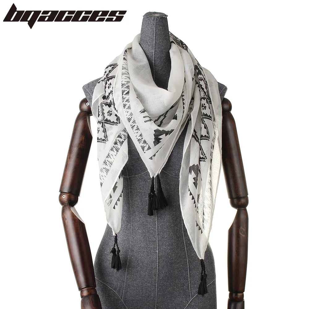 

[BQACCES] Black White Geometric Print Cotton Square Scarf with Tassel Women Thin Voile Scarves Fashion Bandana Shawl 120*120cm