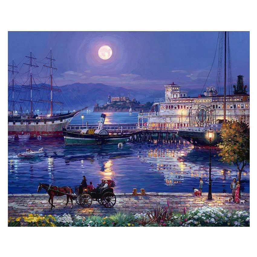 

RIHE Night Harbor Diy Painting By Numbers Moon Carriage Oil Painting On Canvas Hand Painted Cuadros Decoracion Acrylic Paint Art