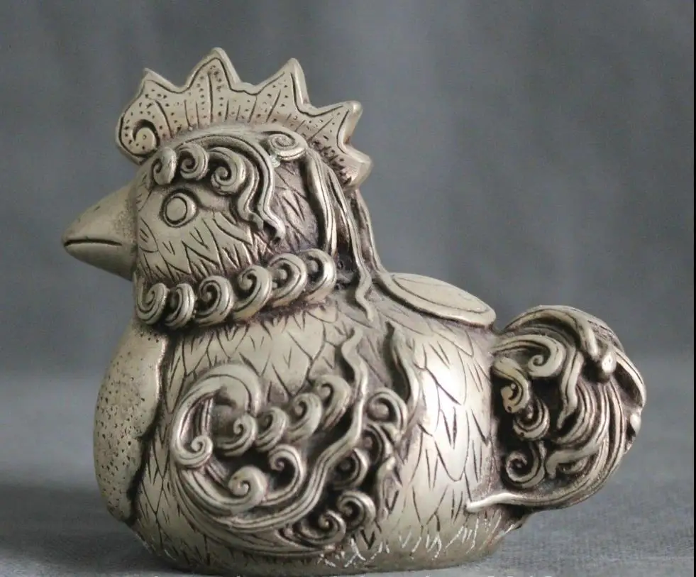 

67111601++China Feng Shui Silver Zodiac Year Cock Rooster Collect Auspicious Ru Yi Statue