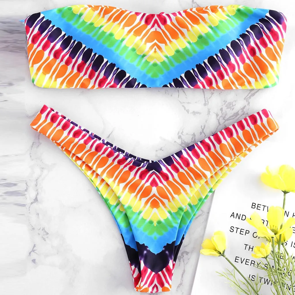 

Bikini 2019 New Women Digital Double-sided Printing Rainbow Tube Top Split Bikini Swimsuit Female Swimwear women biquini