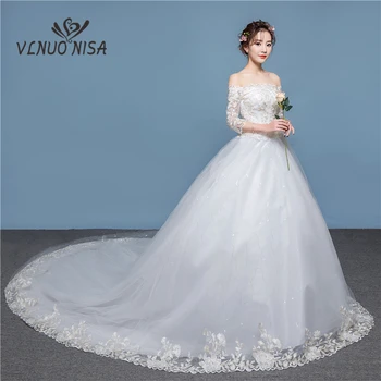 

Delicate Cathedral Train Wedding Dresses Elegant Boat Neck Flower Pattern and Sequined White Lace with Champagne Embroidery