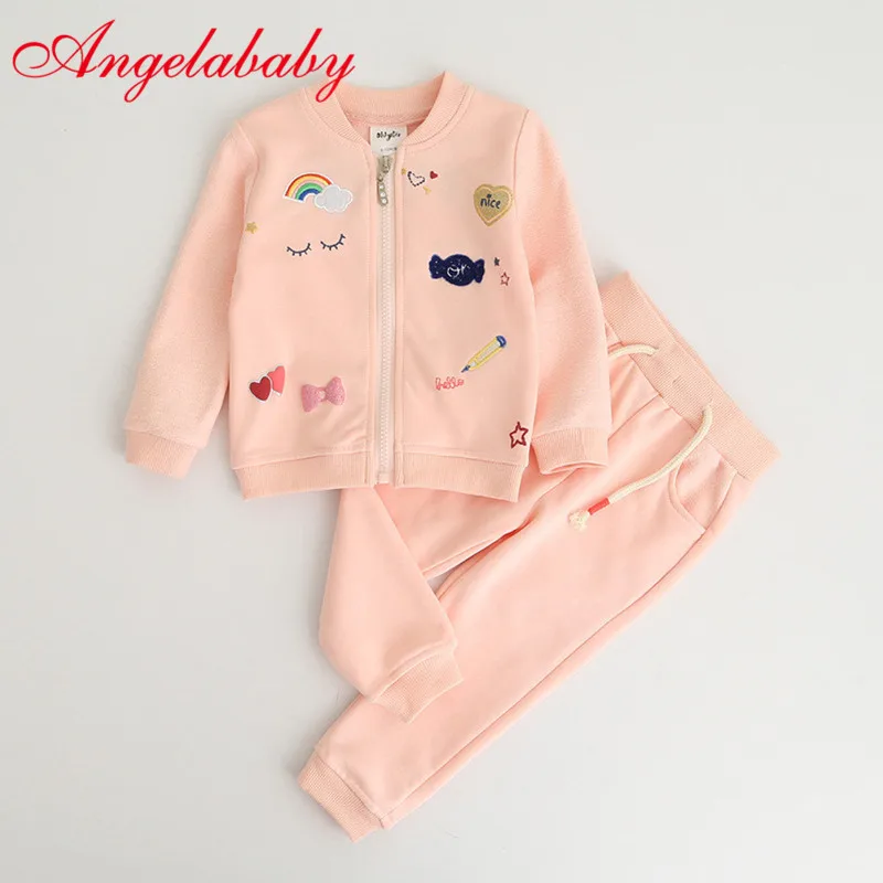 

Girls Baby Clothes Suit 2019 New Autumn Print Jacket + Pants 2 Pcs Rainbow Candy Pattern Badge Embroidery Zipper Clothes Set
