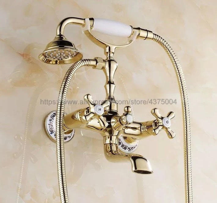 Luxury Gold Color Brass Bathtub Faucets Hand Rain Shower Head Tap Luxury Ceramic Telephone Wall Bath Faucet Ntf140