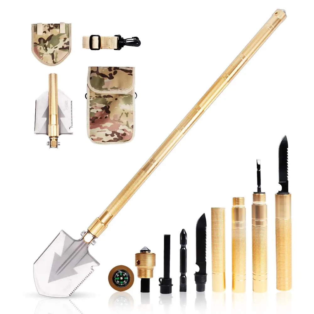 Golden Multifunction Folding Military Shovel Manganese Steel Spade Outdoor Tool For Camping Climbing Adventure Emergency With Free Carrying Bag-37inch (1)