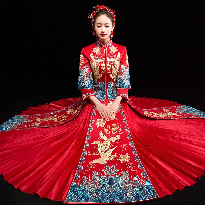 

Bride Embroidery Cheongsam Vintage Chinese Style Wedding Dress Retro Toast Clothing Lady Phoenix Gown Marriage Qipao red Clothes