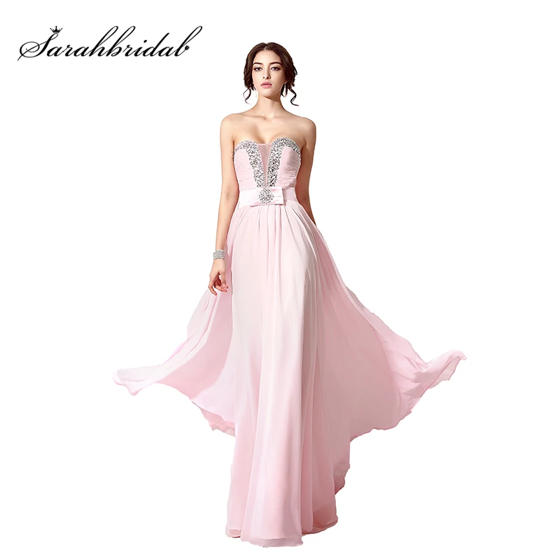 

Sexy Sweetheart Prom Dresses Beading Crystal Pink Chiffon Evening Dress 2019 Cheap Lace Up Back Ladies Gowns SD195