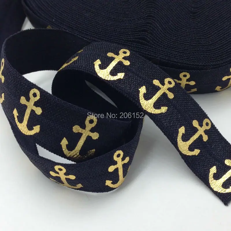 

Black Anchor Gold Foil Fold Over Elastic 5/8" Gold Anchor FOE Ribbon for Hair Accessories 10Yards/lot