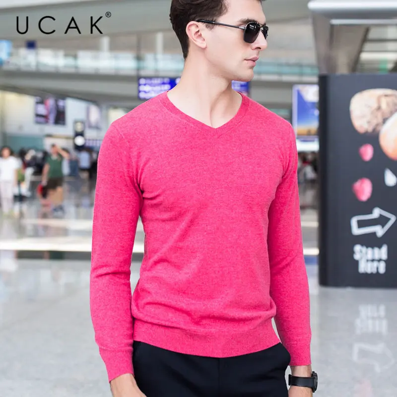 UCAK Brand Sweater Men Classic Casual V-Neck Pull Homme Pure Merino Wool Pullover Men Autumn Winter Soft Cashmere Sweaters U3005 - Color: Pink