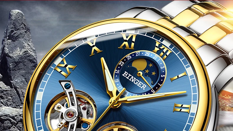 Double tourbillon Luxury Men watch Automatic mechanical Watch BINGER Famous Brand Watch Gold Case Blue Dial Double relogio