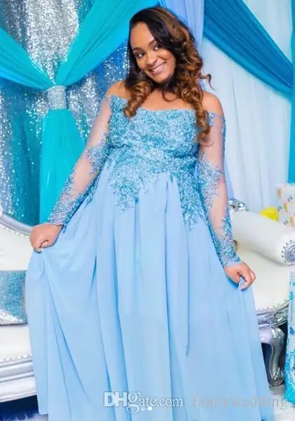 Небесно голубой Африканский вечерние платья для беременных больших Размеры одежда с длинным рукавом платья для выпускного вечера пол Длина шифоновое длинное формальное вечерние платья