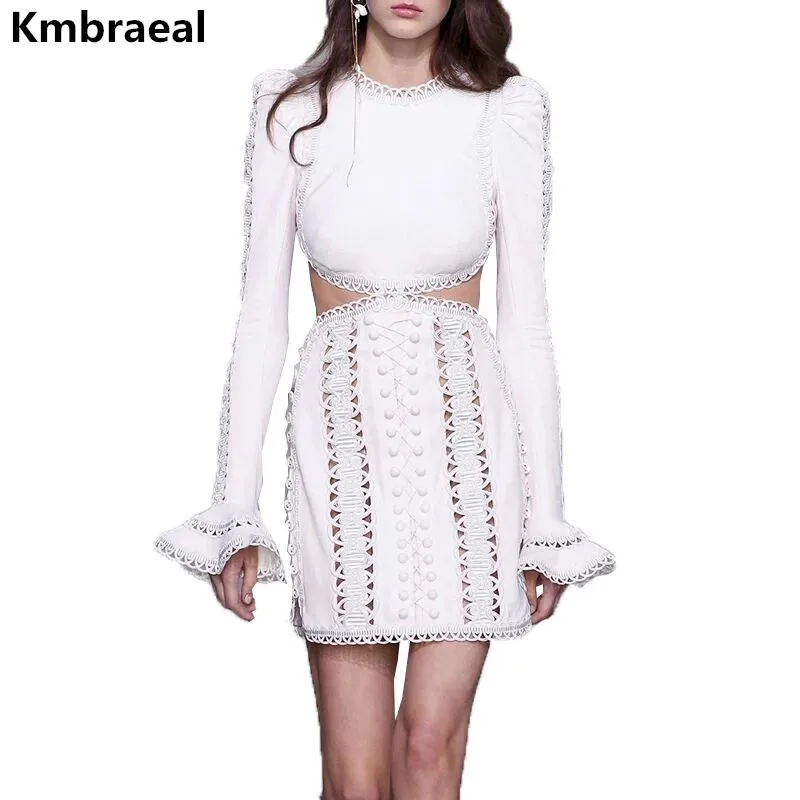 

Runway Women Expose Waist White Black Dress Spring Ladies Sexy Lace Hollow Out Crochet Long Sleeve Party Bodycon Dress Vestidos