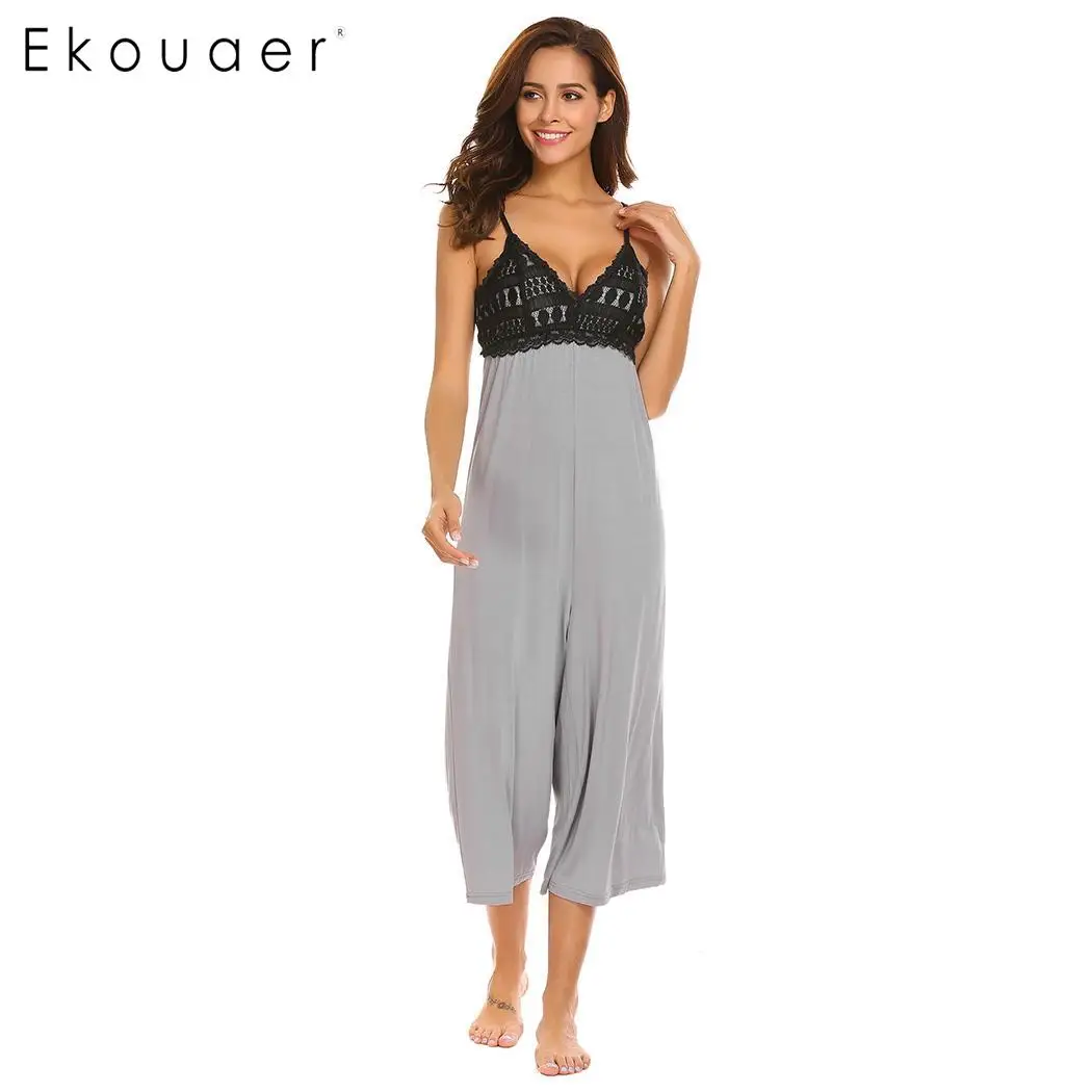 

Ekouaer Sexy Summer Onesies Sleepwear Sleeveless Lace Keyhole Spaghetti Strap Patchwork Pleats Cage Women One Piece Nightwear