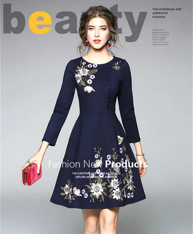 Women Flowers Embroidered Hem Dress Round Neck 3/4 Sleeve A-line Skirt 2018 Spring Summer Fashion Knee Length Dress