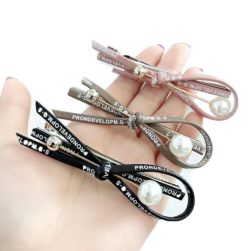 

New PU leather hairpin bow hair clips duckbill clip letter pearl barrettes fashion women hair accessories Korean headwear ties