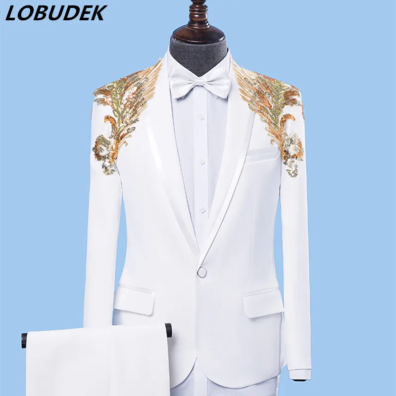 white sequin trouser suit