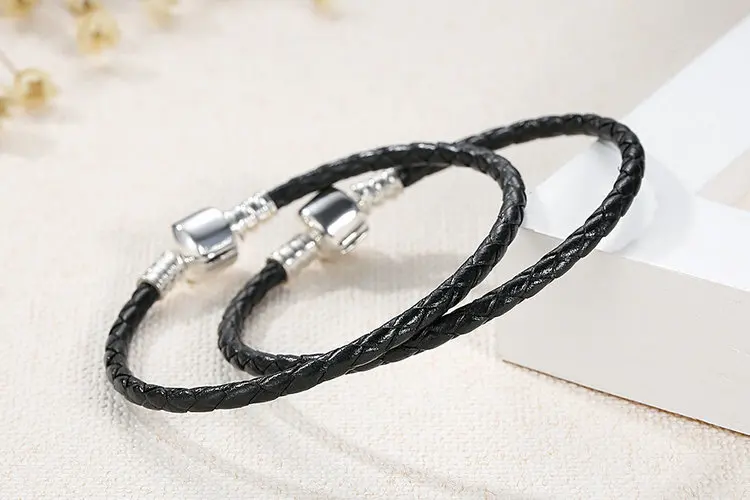 Новинка 925 пробы Серебряный и настоящий черный кожаный браслет с цепочкой для мужчин и женщин оригинальные ювелирные изделия XCHS911