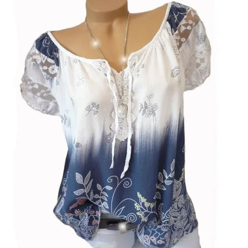 

Fashion Vintage Floral Print Blouse Shirt 2019 Summer Short Sleeve Chiffon Blouse Sexy V Neck Women Casual Loose Chemise Shirts