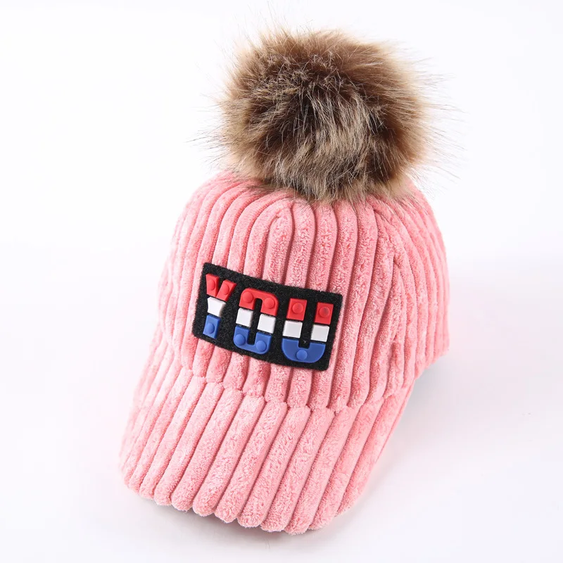 Детская бейсбольная кепка с буквами, бейсболка s, шапки осень/зима для мальчиков и девочек, теплая шапка с помпоном - Цвет: 2