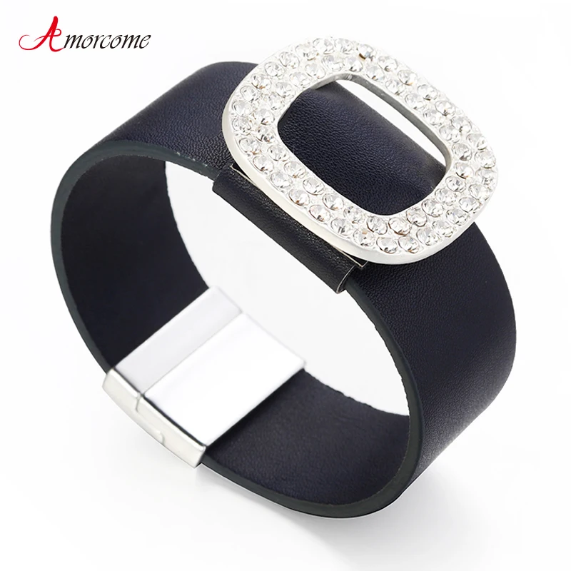 

Amorcome Crystal Square Charm Women Genuine Leather Bracelets 2019 Black Bohemian Boho Wide Wrap Bracelet Female Party Jewelry