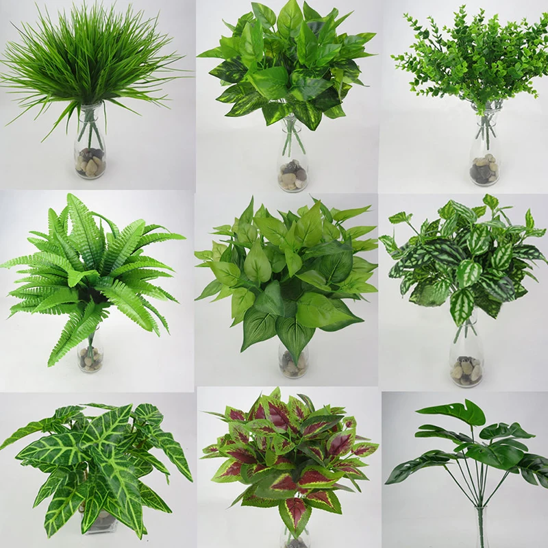 1pc Artificial Flowers with Leaf Green Grass Plastic Plants Fake Leaf Foliage Bush for Home Wedding Decoration Party Supplies