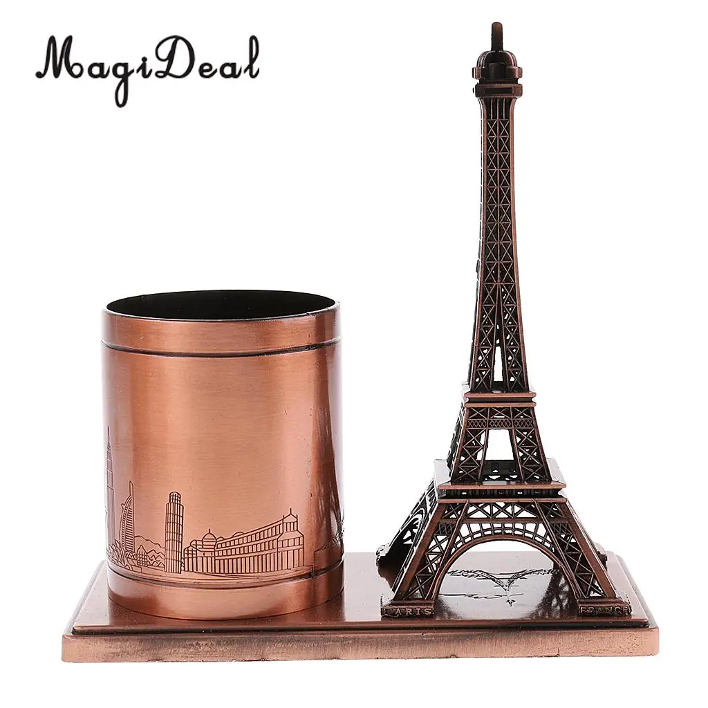 Desktop Organizer Pencil Pen Case Holder Retro Figurines Eiffel Tower Model Metal Crafts Home Decor Miniature Student Gift