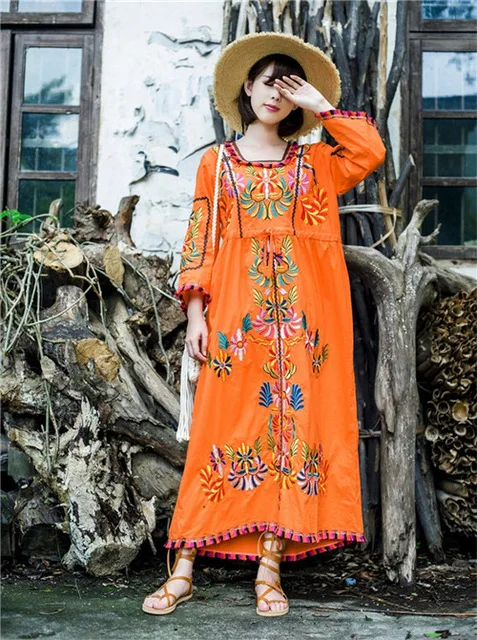 Высокое качество Новое Женское винтажное этническое цветочное вышитое хлопковое длинное платье-туника хиппи бохо свободное мексиканское платье - Цвет: Оранжевый