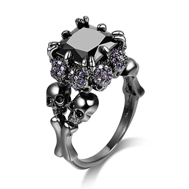 

Punk Jewelry Skull Ring Black Zircon Rhodium Plated Demon Princess rhinestone Women's Wedding Rings Mens Party Gift Vintage