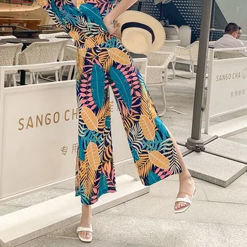 

2019 Women's Summer Retro Print Bohemian Wide Leg Pants High Waist Leaves Print Trousers Beach Holiday hawaii Pants