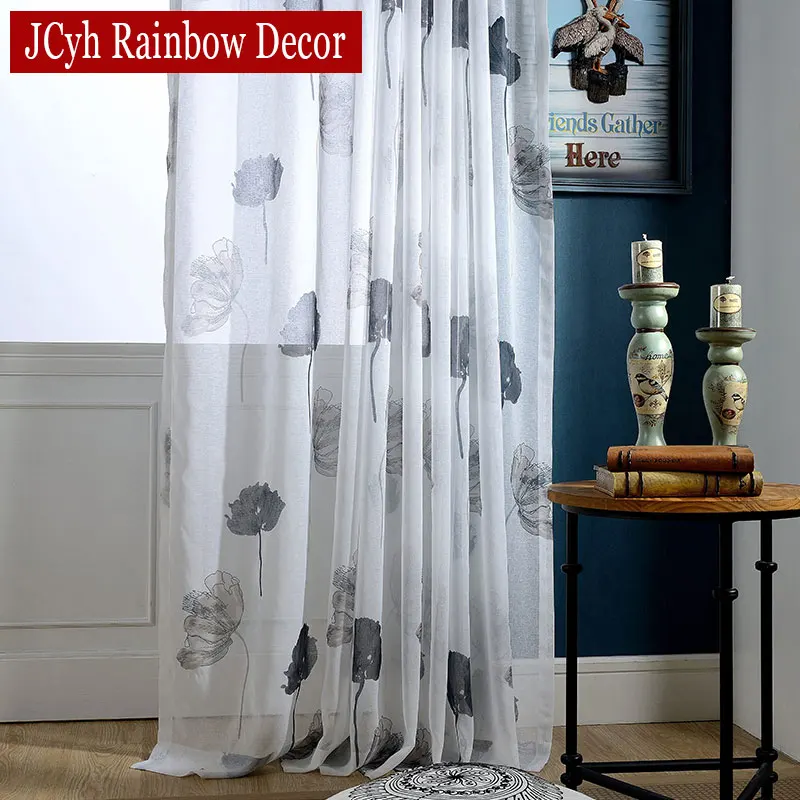 

JCyh Modern Ink Lotus Foral Tulle Curtains For Living Room Window Drapes White Sheer Voile Curtains Organza Bedroom Curtains