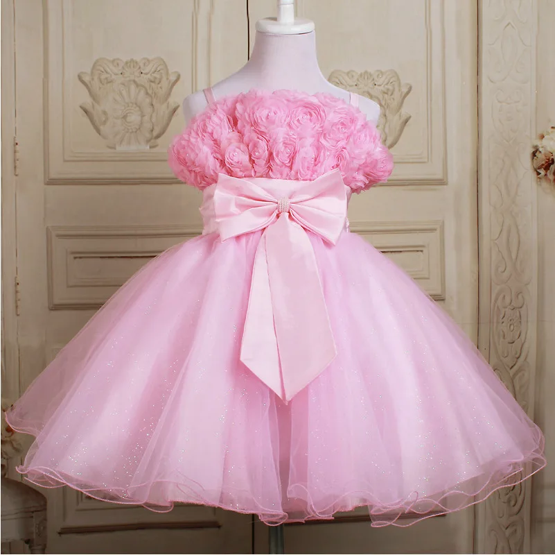 

Fashion Strapless Rose Flowers Girl Dress For wedding party Bow Dresses Girl's Pageant Gowns Children Girl Summer Dress 5298