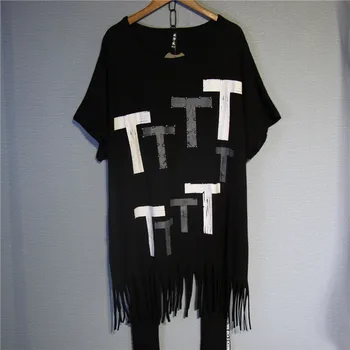 

2019 New Summer Fashion Large Size Women Tshirts Beading Medium-long Tassel Short Sleeve Cotton Top Casual Students Tees