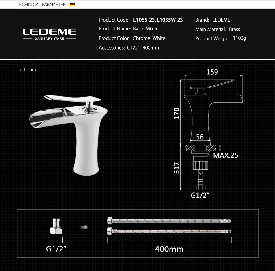 LEDEME смеситель для раковины, кран для ванной комнаты с одной ручкой, латунный кран для раковины, смеситель для раковины, кран для водопада, кран для L1055-23, L1055W-23