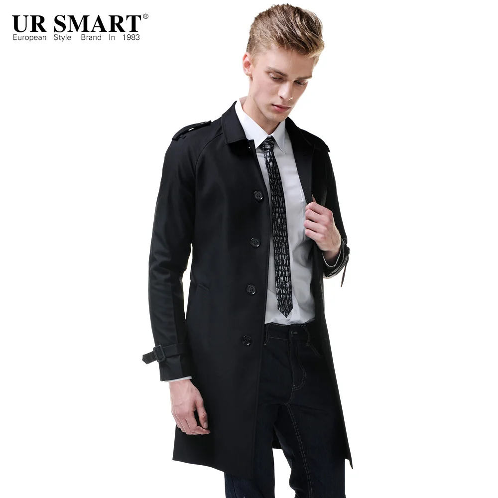 URSMART в классическом черном талии Длинная ветровка однобортный мужской Британский мужской Тренч пальто - Цвет: black