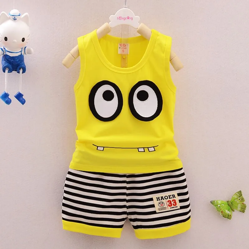 

Summer Kids Clothes Set Cotton Cartoon Baby Boy Girls Vest+ Stripe Shorts 2pcs Clothing Set Children Sport Suit Hot Selling