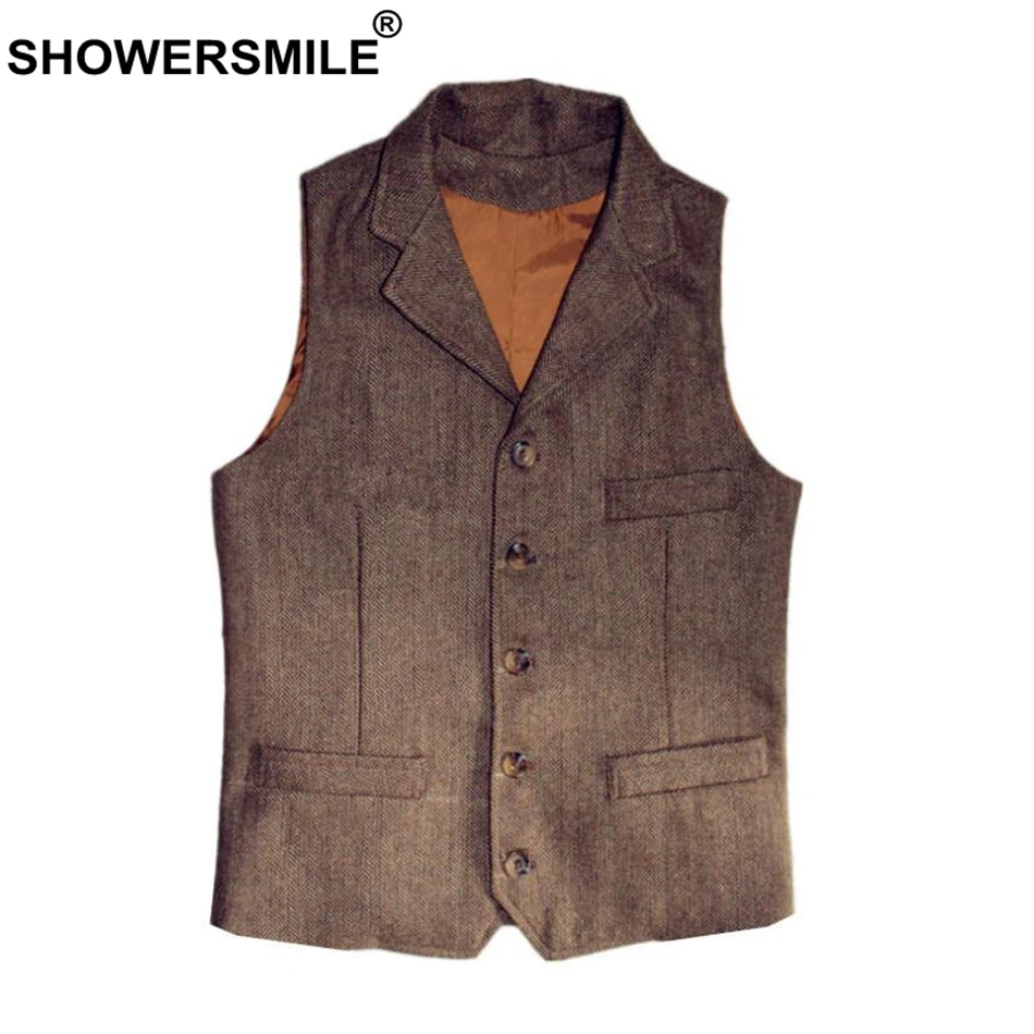 

SHOWERSMILE Vest 2019 Woolen Waistcoat Winter Men Coffee Sleeveless Jacket Male British Vintage Herringbone Thicker Clothing